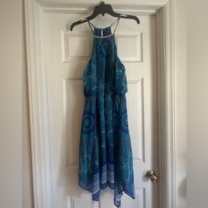 As You Wish Aqua Paisley Fully Lined Spaghetti Straps Halter Dress